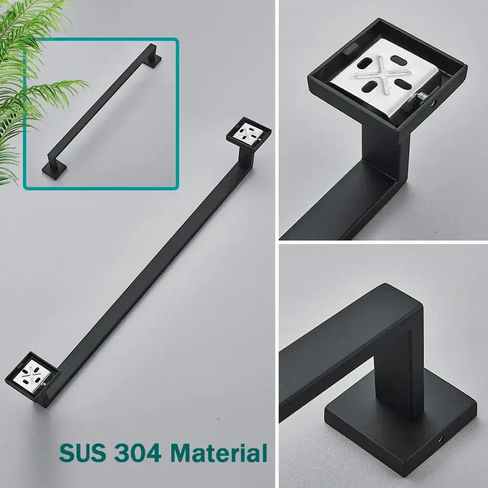 Black matte sus 304 stainless steel towel rack with square mounting plates in a brushed gold bathroom accessories set