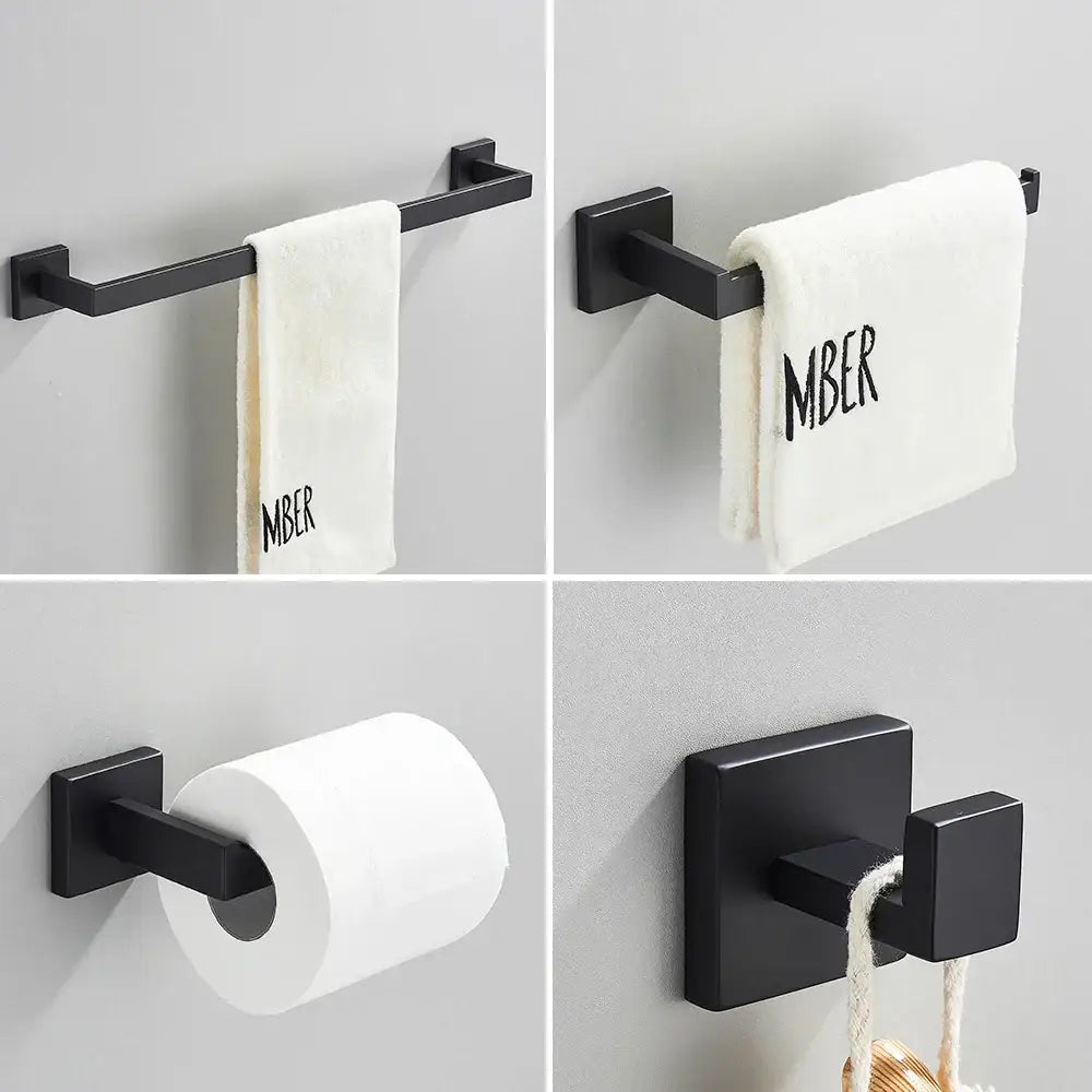 Black matte bathroom accessories set featuring towel bars toilet paper holder and hooks for brushed gold stainless steel decor