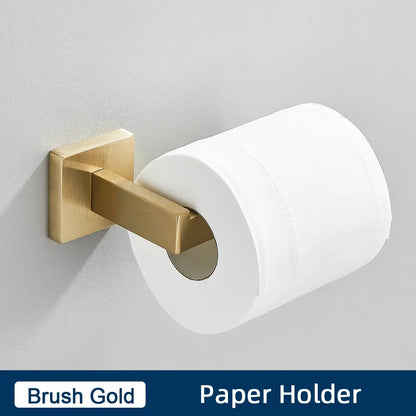 Brushed gold stainless steel bathroom accessories set featuring a sleek bathroom paper holder with a white roll