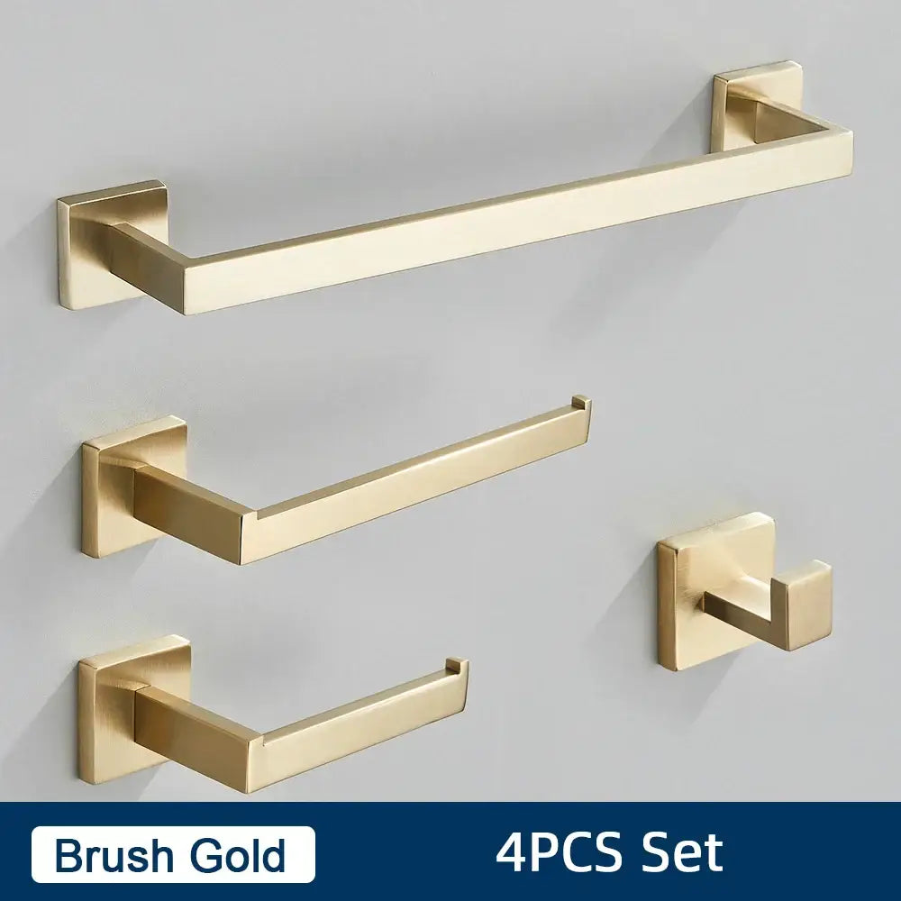 Brushed gold stainless steel bathroom accessories set with sleek rectangular towel rack and modern square wall mounts