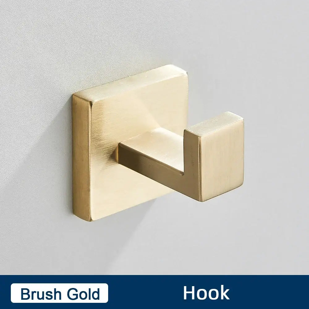 Brushed gold stainless steel wall-mounted hook with modern minimalist design in bathroom accessories set
