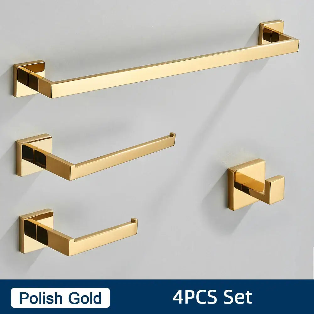 Brushed gold stainless steel bathroom accessories set with sleek modern design and polished finish for bathroom use