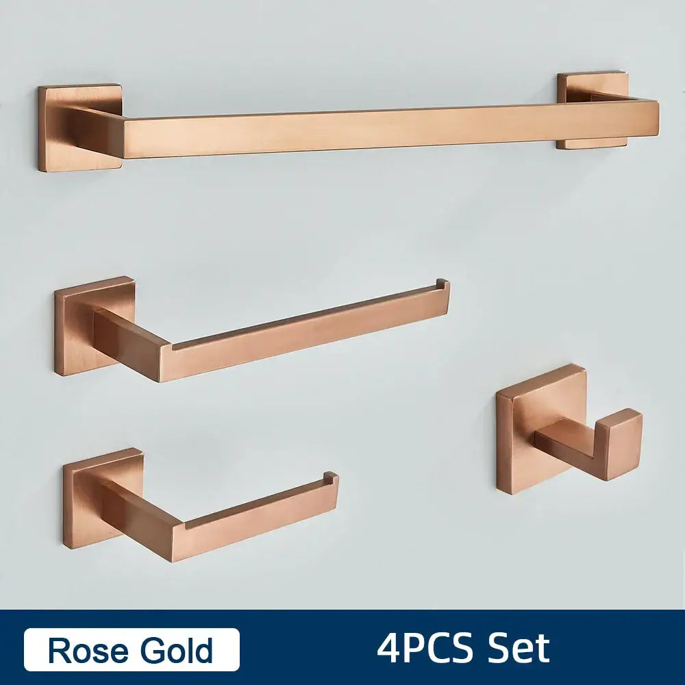 Brushed gold stainless steel bathroom accessories set with rose gold brushed metal finish and modern sleek design