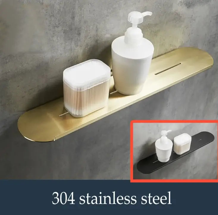 Brushed gold stainless steel bathroom storage rack with mirror front features sleek design and integrated slots for bathroom storage