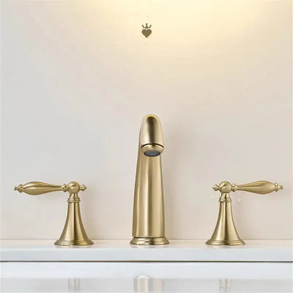 Brushed gold basin faucet with brass finish three-handle design and elegant tapered spout by decorbites brushed gold