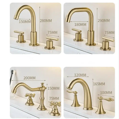 Brushed gold basin faucet sets with varying heights and single cross-handle designs by decorbites for bathroom sinks