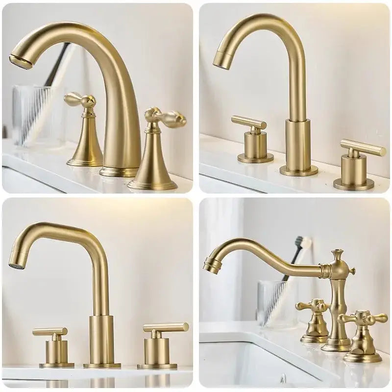 Brass-finished brushed gold basin faucet with three handles and elegant curved spout for bathroom widespread sink by decorbites