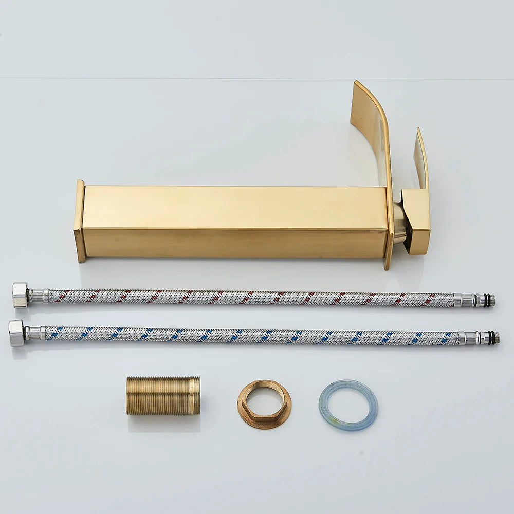 Brushed golden basin faucet single hole wall-mounted with sleek modern design and matching brass mixer taps hardware