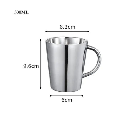 A sleek 300ml stainless steel thermal mug with polished finish and sturdy handle for kitchen drinkware use