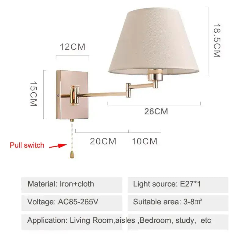 A sleek rose gold wall lamp with adjustable rocker arm and cream fabric shade for bedroom use