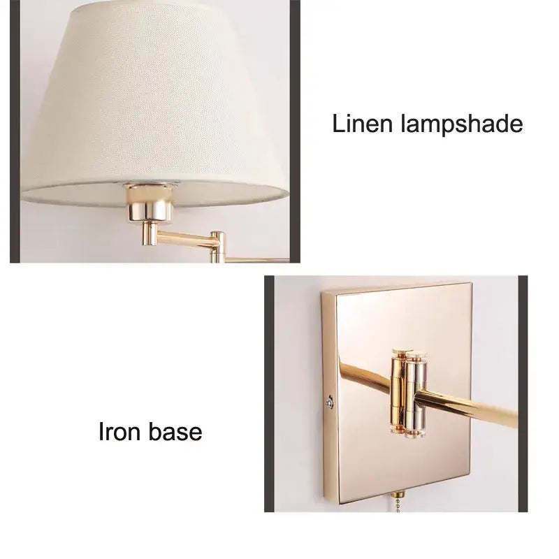Beige linen shade wall lamp with polished brass base and adjustable rocker arm for bedroom lighting