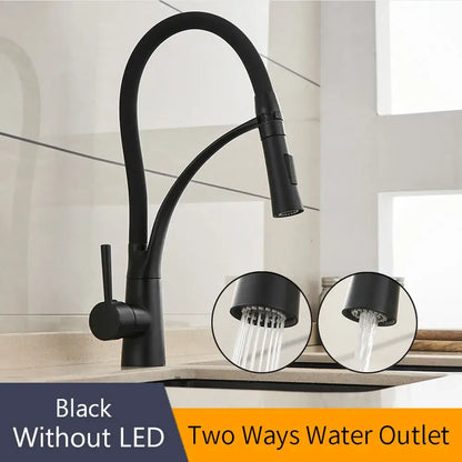 Black matte finish kitchen sink faucet with flexible gooseneck spout and pull down spray head with two settings