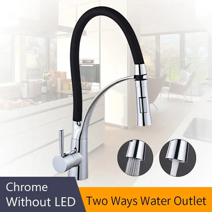Chrome finished kitchen sink faucet with flexible black rubber hose and pull down spray for versatile kitchen use