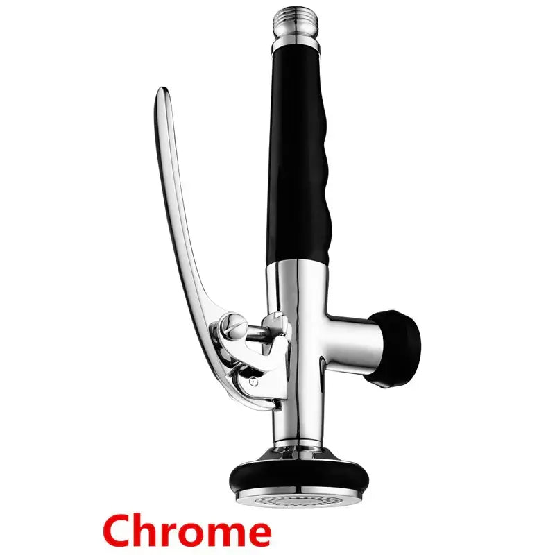 Brushed nickel and chrome kitchen shower head with chrome nozzle, black rubber grip, and adjustable spray settings