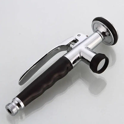 Chrome finished kitchen shower head with textured black rubber grip and circular trigger for easy kitchen shower use