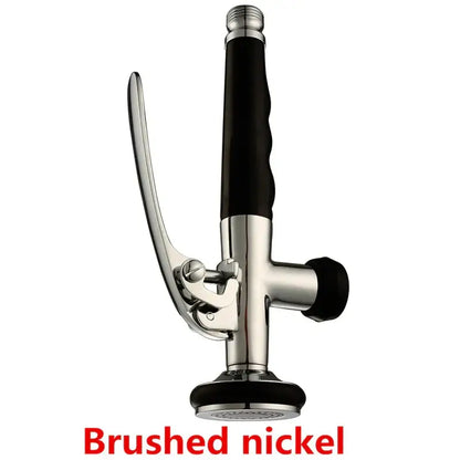 Brushed nickel and chrome kitchen shower head with black rubber grip and trigger handheld shower nozzle