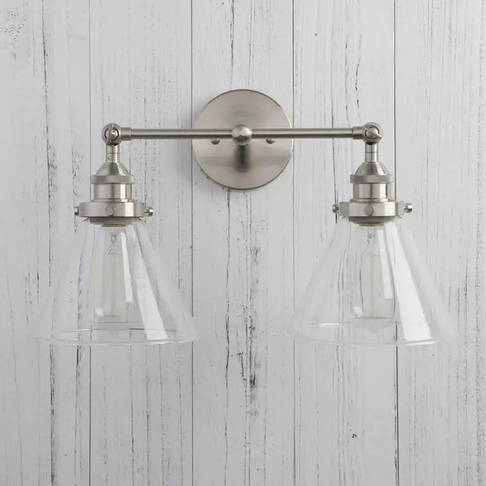 Stainless steel two-light wall lamp with clear funnel glass shades by decorbites for elegant bedroom sconce lighting
