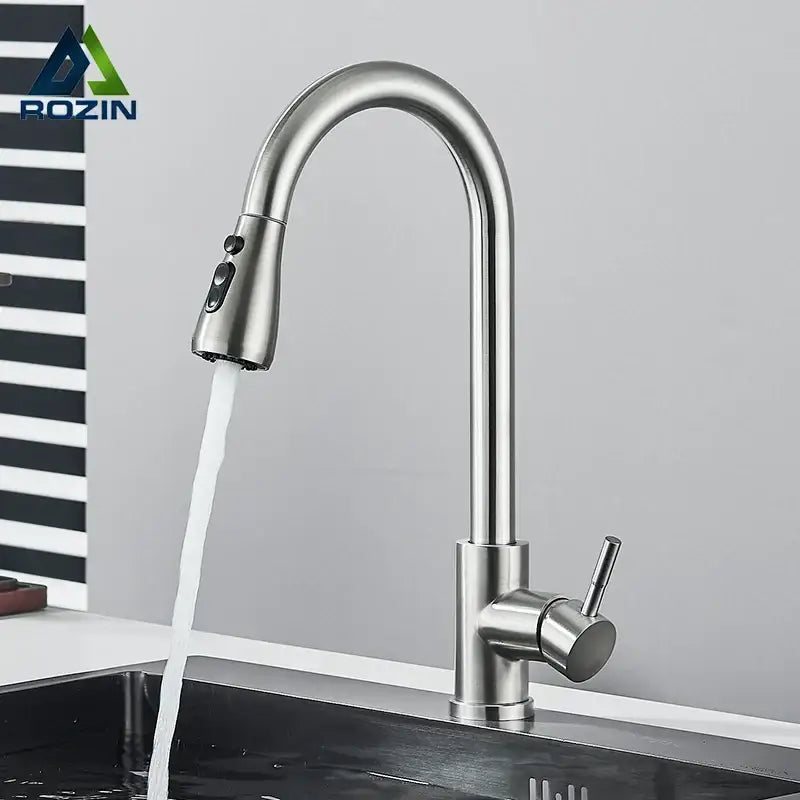 Brushed nickel kitchen faucet with flexible pull down sprayer and sleek curved stainless steel spout decorbites brushed nickel
