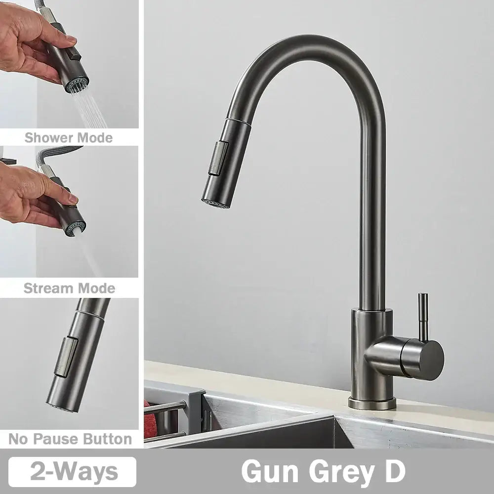 Gun grey matte finish kitchen faucet with brushed nickel pull-out spray head by decorbites for modern kitchen use