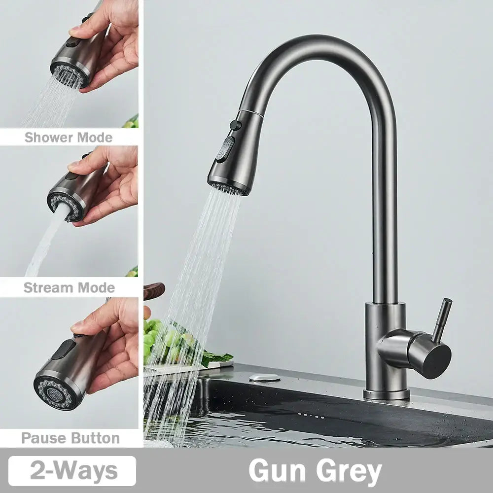 Brushed nickel kitchen faucet with gun grey curved spout and pull-out spray head offering shower stream and pause modes
