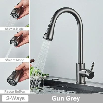 Brushed nickel kitchen faucet with gun grey curved spout and pull-out spray head offering shower stream and pause modes