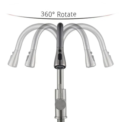 Brushed nickel kitchen faucet with flexible pull down sprayer and a modern 360-degree rotating brushed stainless steel head decorbites brushed nickel
