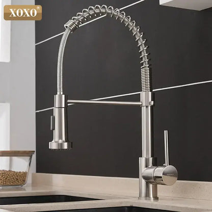 Brushed nickel kitchen faucet by decorbites with pull down coiled gooseneck spout in stainless steel finish