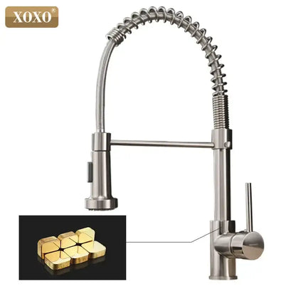 Brushed nickel kitchen faucet by decorbites with pull down coiled gooseneck spout and single lever handle nickel finish