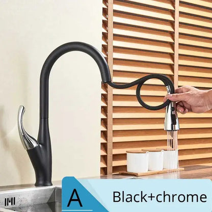 Brushed nickel kitchen faucet with pull down sprayer featuring black and chrome curved pull-out spray head decorbites brushed nickel