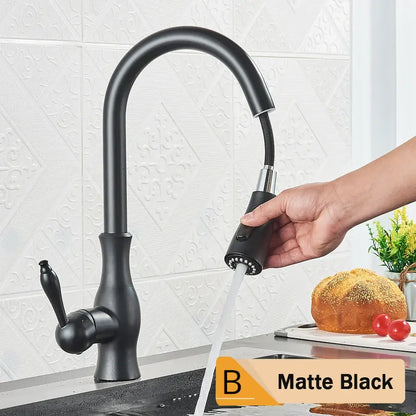 Matte black kitchen faucet with sleek curved spout and pull down spray head for decorbites brushed nickel kitchen decor