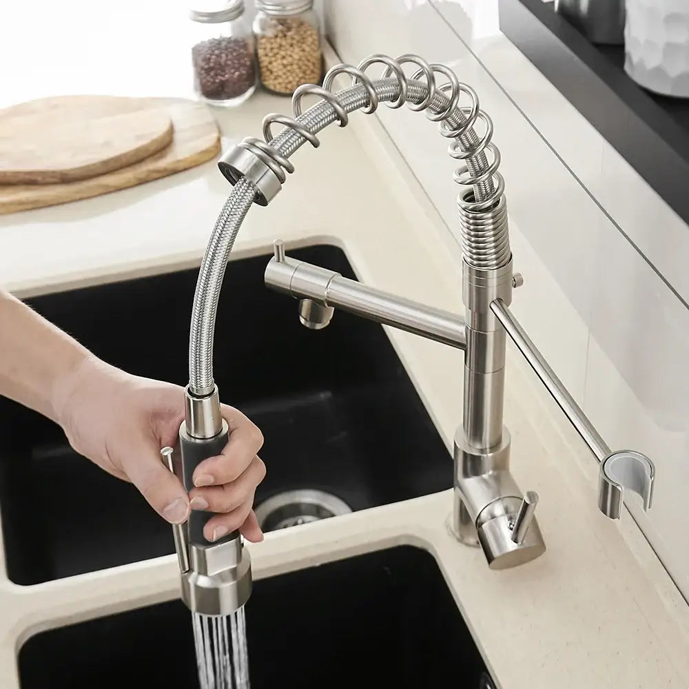 Brushed nickel kitchen faucet with stainless steel pull-down spray head and flexible coiled spring hose decorbites brushed nickel