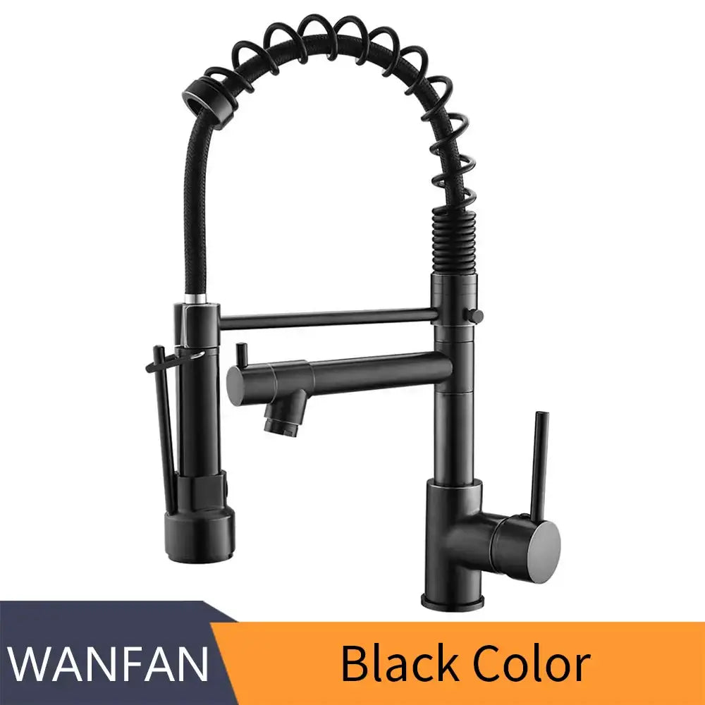 Brushed nickel kitchen faucet with a black matte flexible coiled gooseneck spout and dual handles decorbites brushed nickel