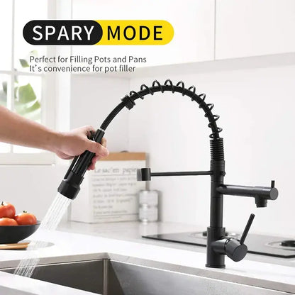 Black matte finish pull-down kitchen faucet with flexible spring hose and spray nozzle in spray mode for decorbites brushed nickel