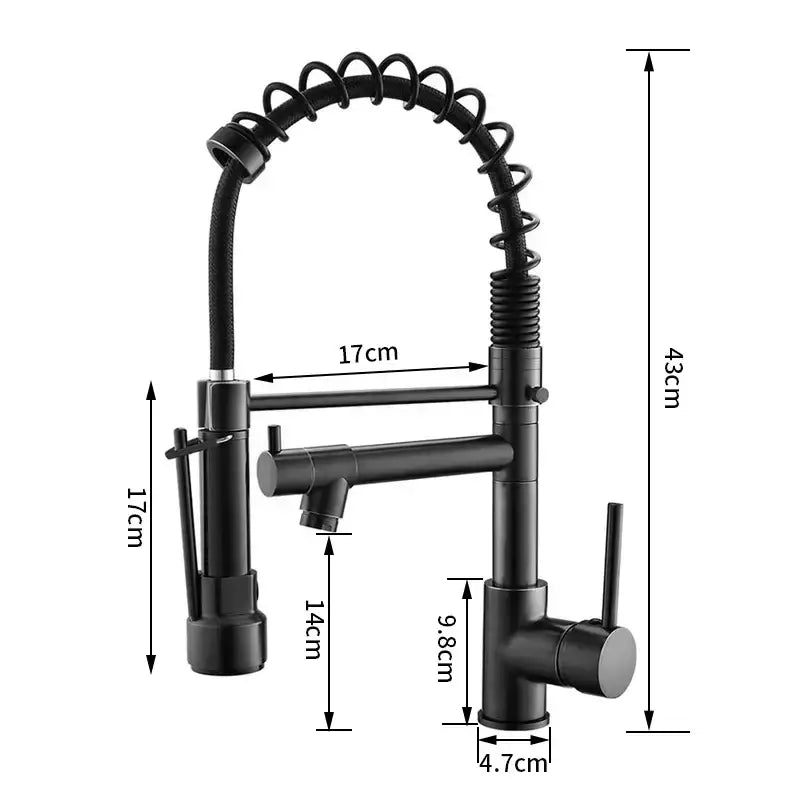 Black matte kitchen faucet with flexible coiled gooseneck spout and pull-down spray head for decorbites brushed nickel
