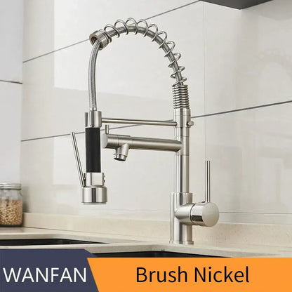 Brushed nickel kitchen faucet with flexible coiled spring hose and black rubberized handle accents by decorbites brushed nickel