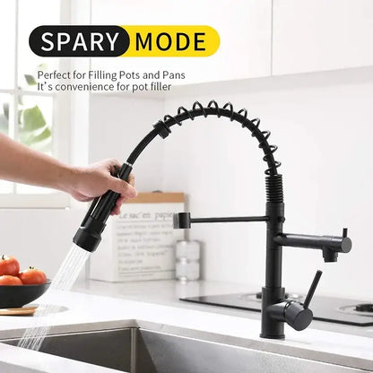 Brushed nickel kitchen faucet with swivel water outlet and black matte pull-down spray mode for pot filling