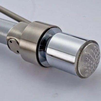 Brushed nickel led color changing kitchen faucet spray head with chrome finish sleek cylindrical spout and perforated spray head