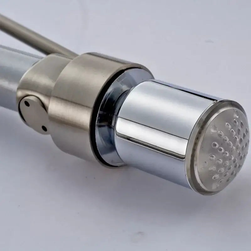 Brushed nickel led color changing kitchen faucet spray head with chrome finish sleek cylindrical spout and perforated spray head