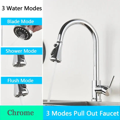 Brushed nickel kitchen faucet with arched spray head and chrome finished pull-out spout featuring three spray modes decorbites brushed nickel