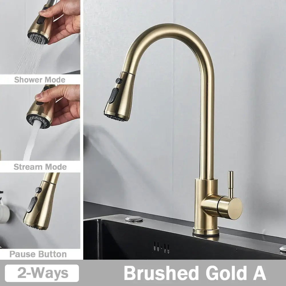 Brushed nickel kitchen faucet with arched pull out spray head and multiple water modes by decorbites
