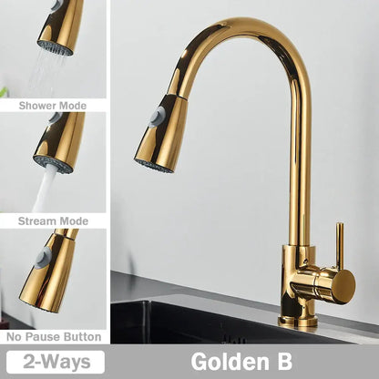 Golden brass finished kitchen faucet with sleek curved spout and pull down spray head for decorbites brushed nickel style