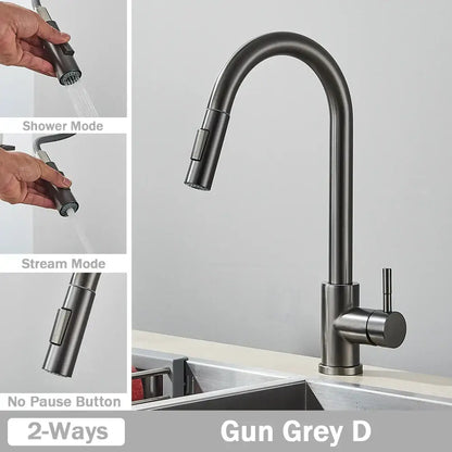 Brushed nickel kitchen faucet with gun grey matte finish, sleek curved spout, and pull-out spray head by decorbites