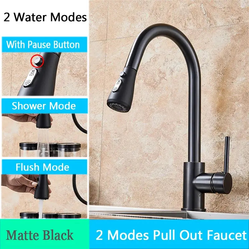 Brushed nickel kitchen faucet with pull-out arched spray head and matte black finish featuring pause button modes