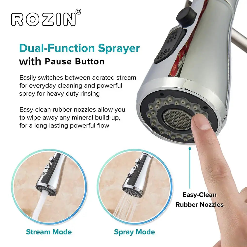 Brushed nickel kitchen faucet with arched spray head featuring silver rozin dual-function sprayer and pause button