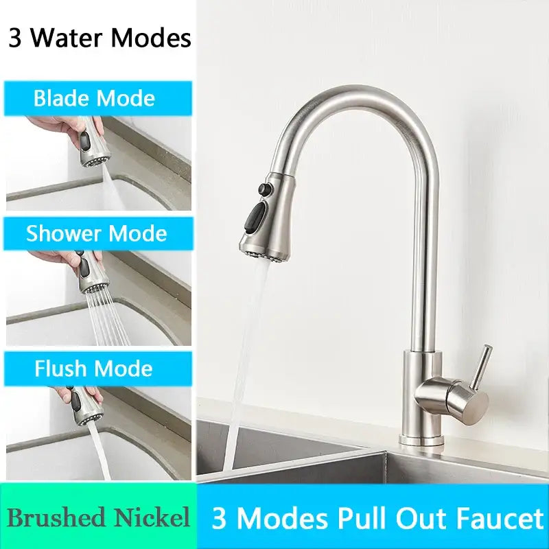 Brushed nickel pull out kitchen faucet with arched spray head and three water modes by decorbites brushed nickel