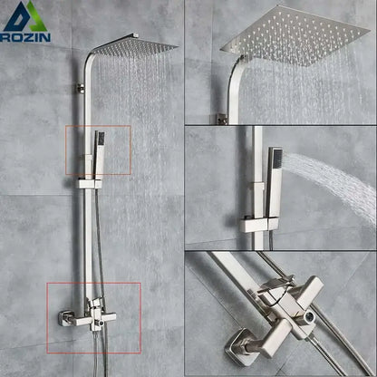 Modern brushed nickel rain shower system with square rainhead and handheld spray for bathroom decorbites brushed nickel