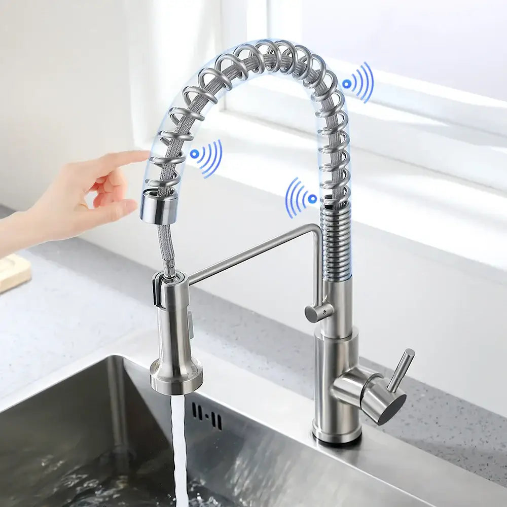Brushed nickel sensor kitchen faucet with flexible coiled gooseneck spout and pull-down spray head stainless steel