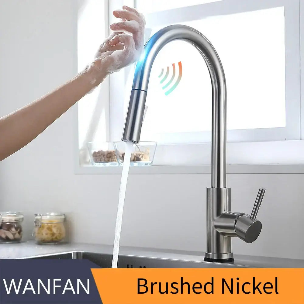 Brushed nickel sensor kitchen faucet with sleek curved spout and flexible pull down spray head for modern kitchen use