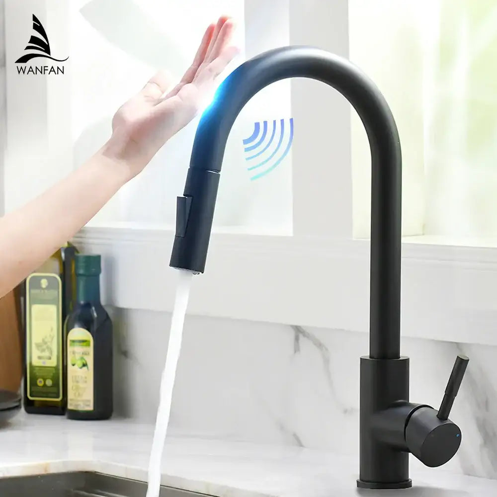 Black matte finish sensor kitchen faucet with sleek curved spout and wanfan logo for touchless use in modern kitchens
