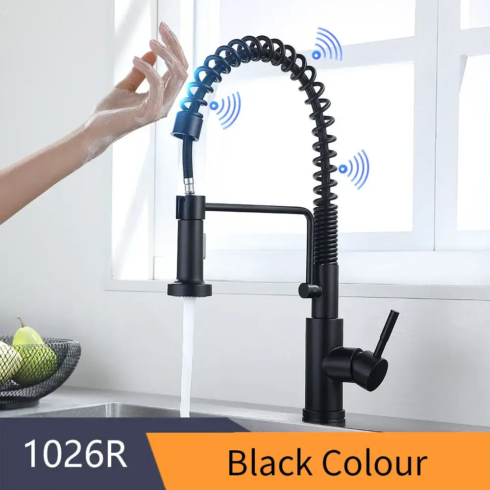 Black matte sensor kitchen faucet with flexible coiled spring neck and pull-down spray for modern kitchen use